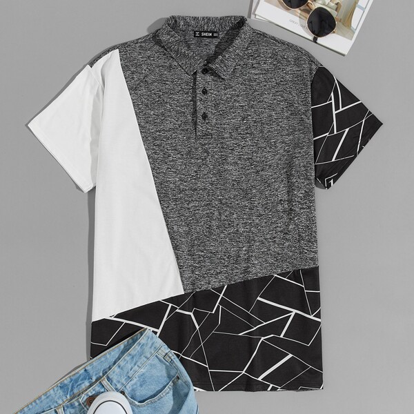 

Men Geo Print Colorblock Polo Shirt, Grey