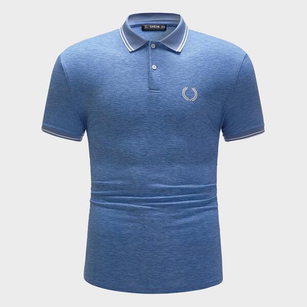 

Men Graphic Print Contrast Trim Polo Shirt, Blue