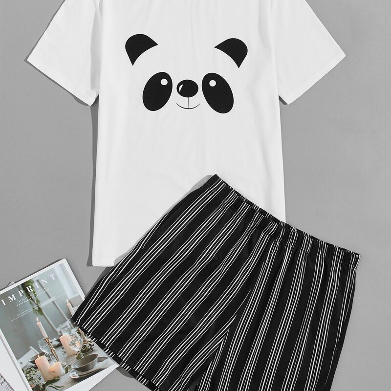 

Guys Cartoon Graphic Top & Striped Shorts PJ Set, Black and white