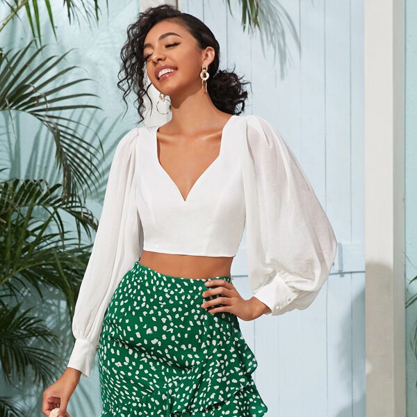 

Lantern Sleeve Tie Backless Crop Top, White