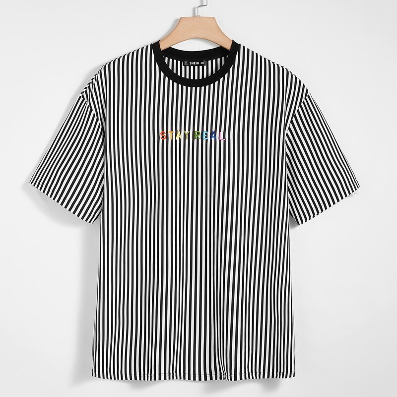 

Guys Colorful Letter Embroidery Striped Tee, Black and white