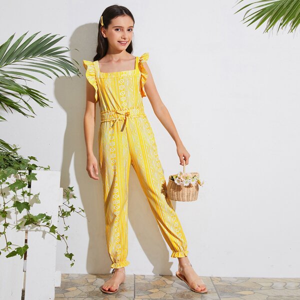

Girls Tribal Print Ruffle Armhole Knot Front Jumpsuit, Yellow