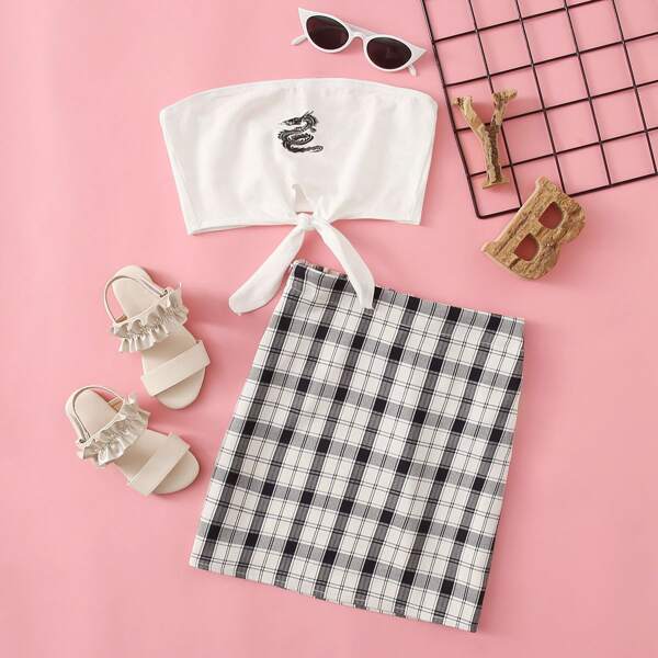 

Girls Tie Front Dragon Top & Plaid Skirt Set, White