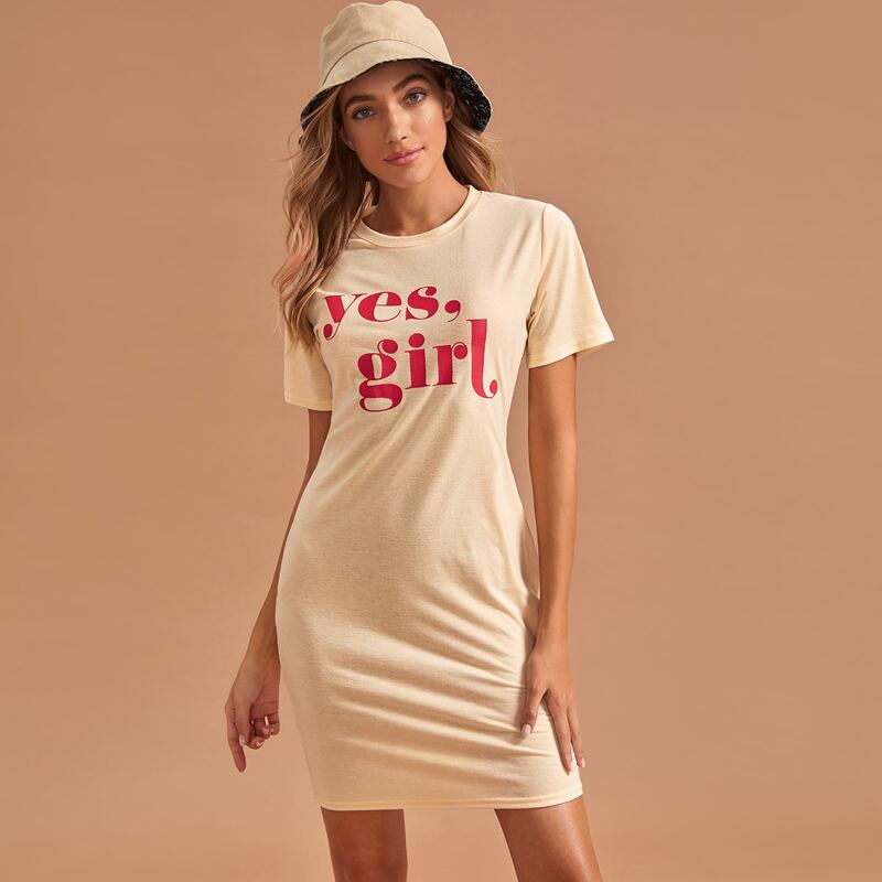 

Slogan Graphic Night Dress, Beige