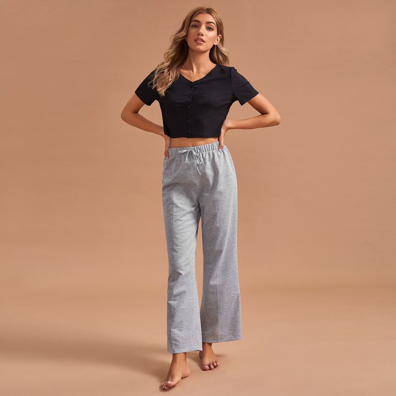 

V-neck Crop Top & Pants PJ Set, Multicolor