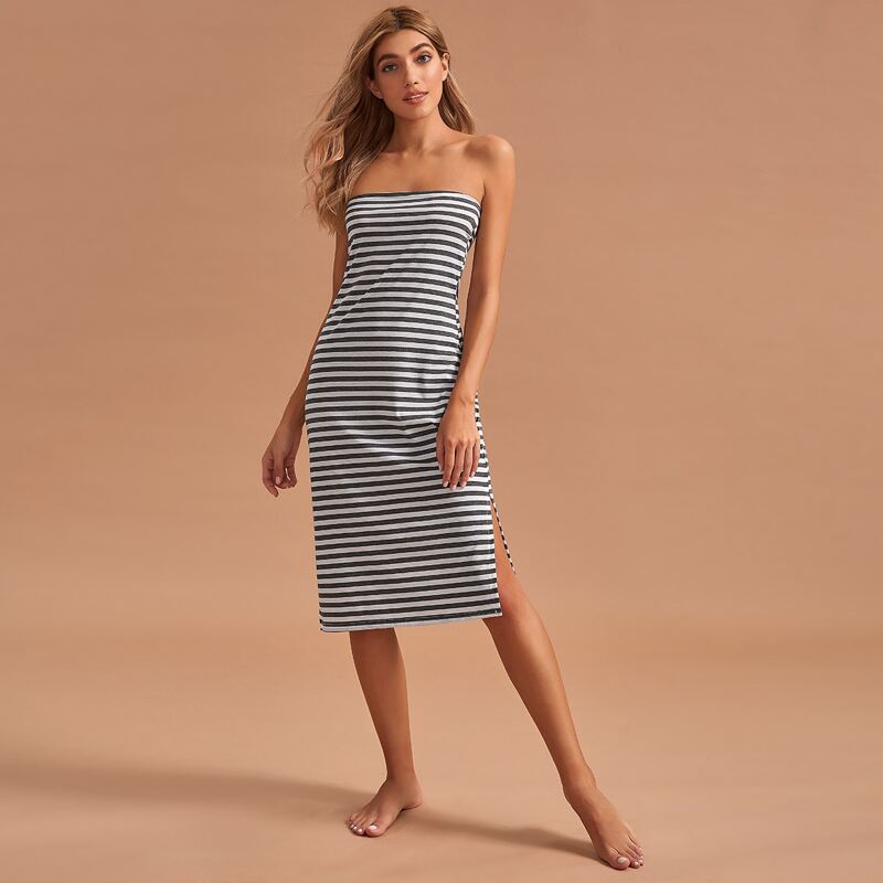 

Cut Out Back Split Hem Striped Tube Dress, Multicolor