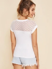 SHEIN Lace Yoke Solid Top - White - View 2