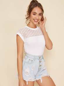 SHEIN Lace Yoke Solid Top - White - View 3