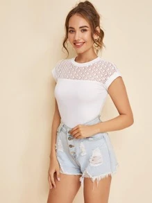 SHEIN Lace Yoke Solid Top - White - View 4