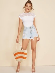 SHEIN Lace Yoke Solid Top - White - View 5