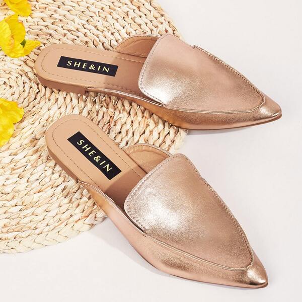 

Metallic Point Toe Flat Mules, Gold