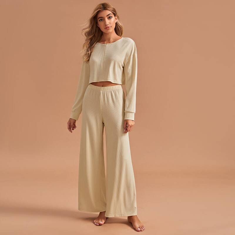 

Ribbed Zip Front Solid PJ Set, Beige