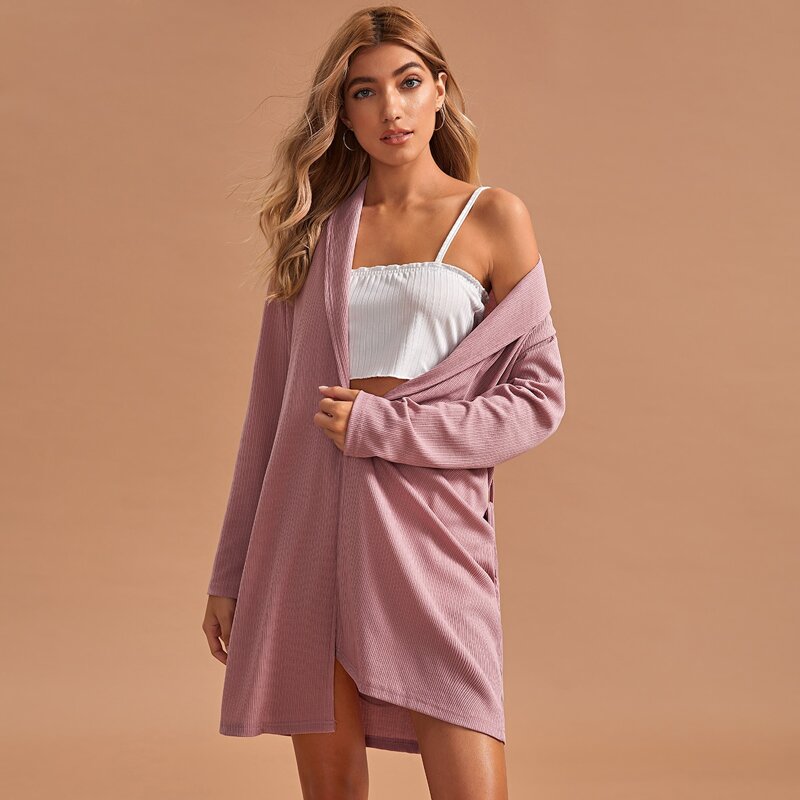 

Ribbed Shawl Collar Belted Lounge Robe, Pink