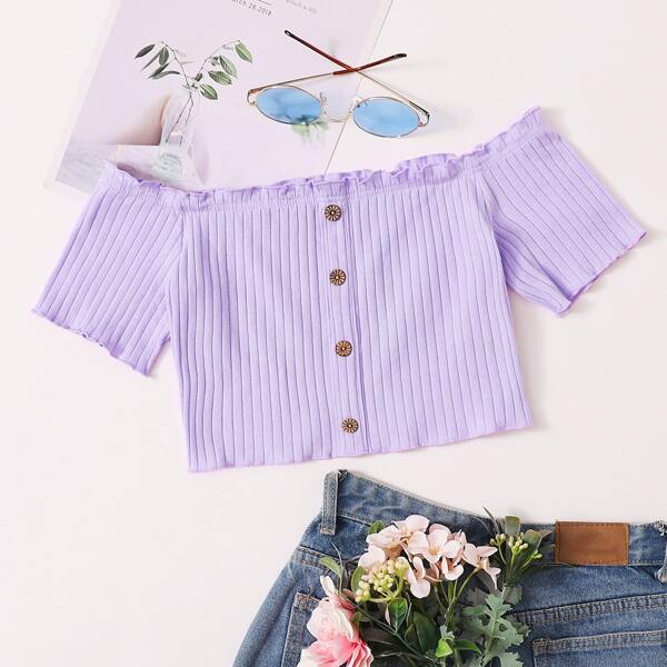 

Off Shoulder Frill Trim Buttoned Front Rib-knit Top, Purple