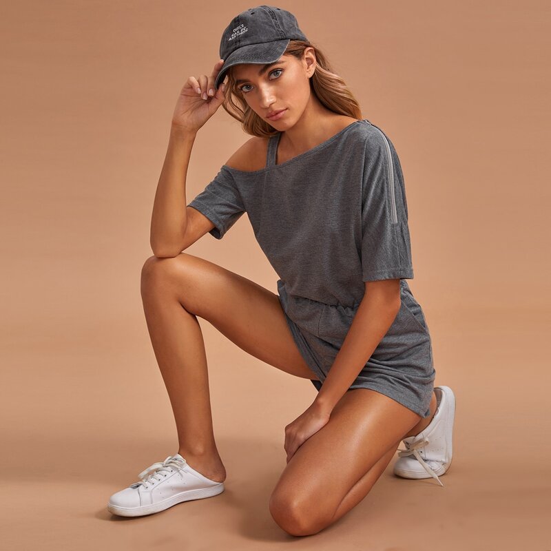 

Asymmetrical Neck Elastic Waist Lounge Romper, Grey