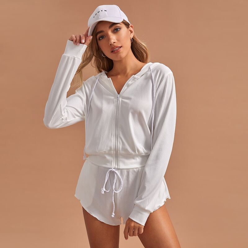 

Ribbed Zip Up Drawstring Hooded PJ Set, White