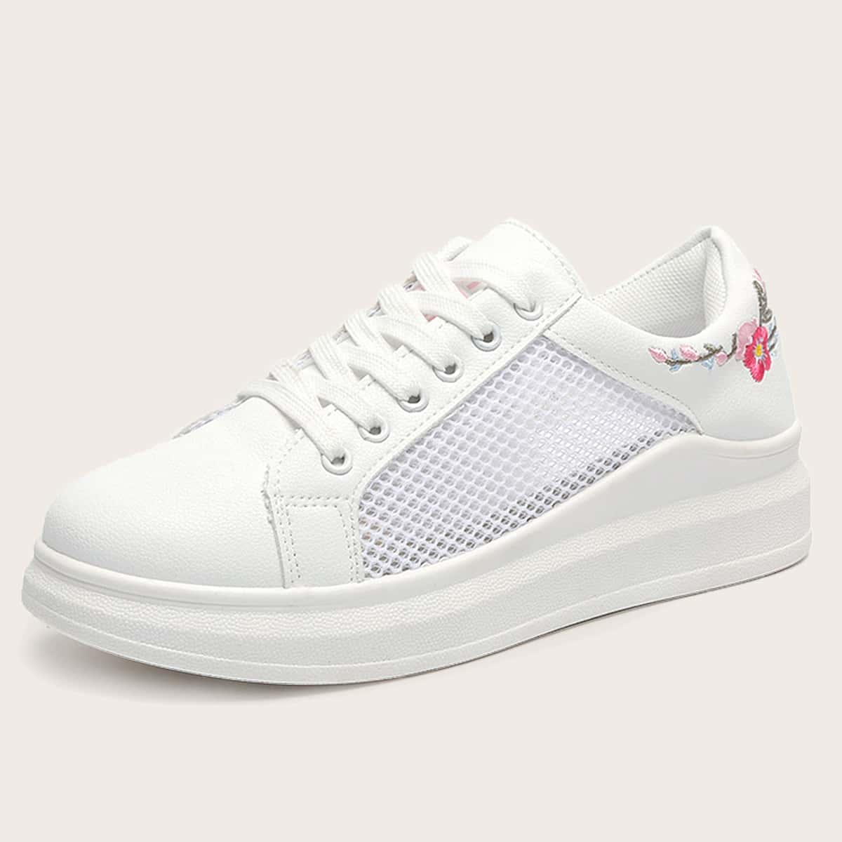 

Lace-up Front Floral Embroidery Sneakers, White