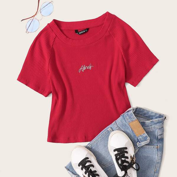 

Letter Embroidery Rib-knit Crop Top, Red