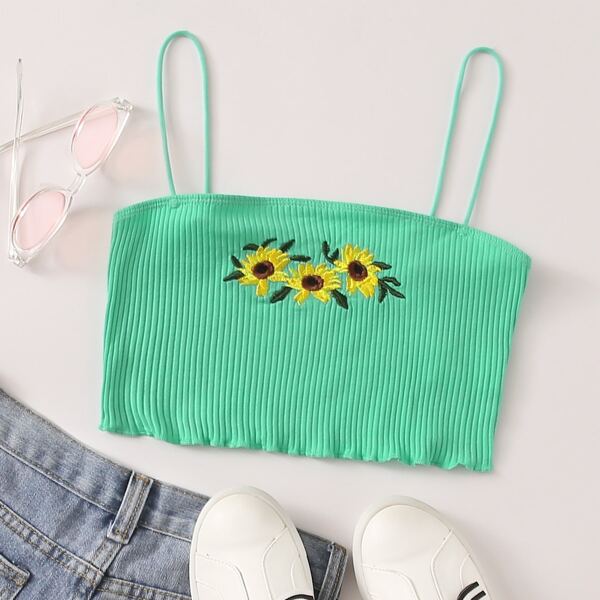 

Embroidered Sunflower Lettuce Trim Crop Cami Top, Green