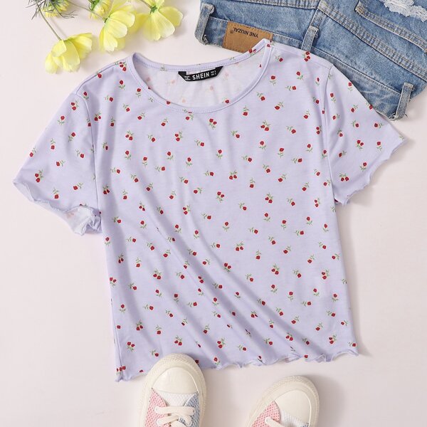 

Ditsy Floral Print Lettuce Edge Top, Purple pastel