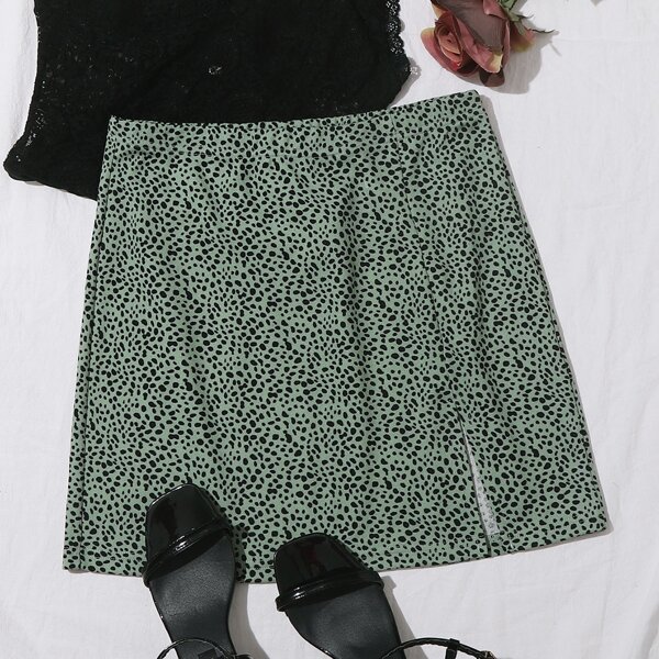 

Split Hem Dalmatian Print Skirt, Green