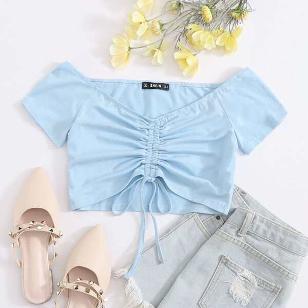 

Drawstring Ruched Front Bardot Top, Blue
