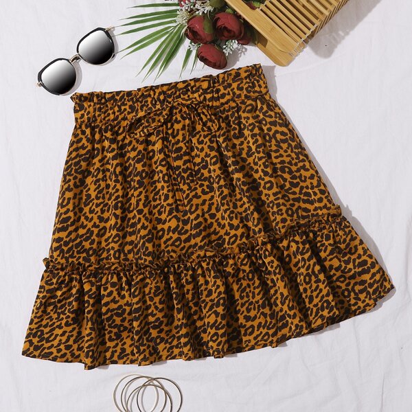 

Frill Trim Knot Waist Leopard Skirt, Multicolor