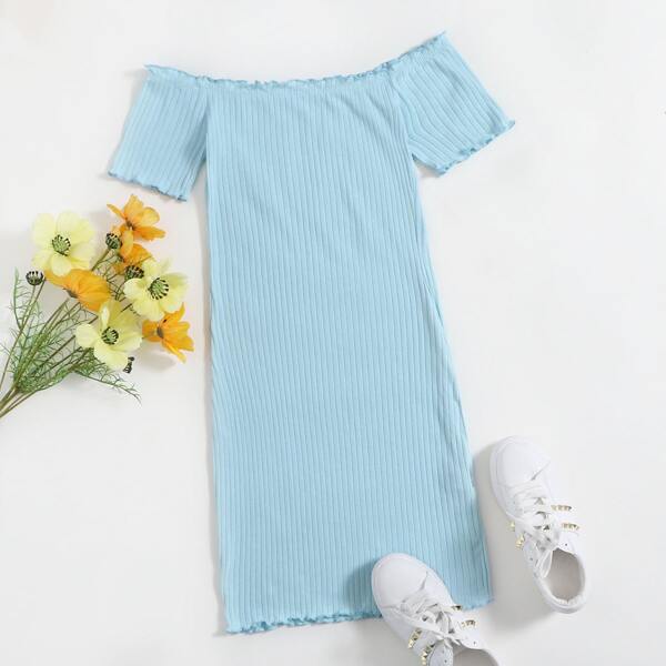 

Off Shoulder Lettuce Trim Rib-knit Dress, Blue pastel