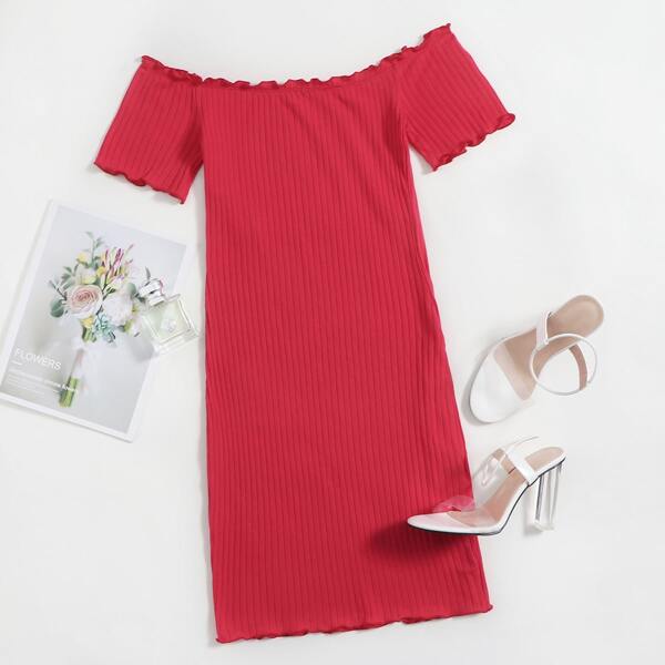 

Lettuce Trim Off Shoulder Rib-knit Dress, Red