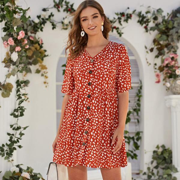 

Dalmatian Print Button Through Dress, Red
