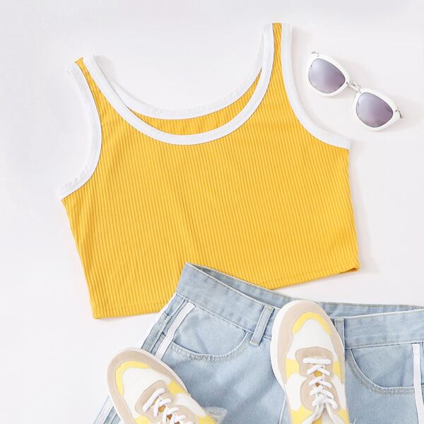 

Contrast Binding Rib-knit Tank Top, Yellow