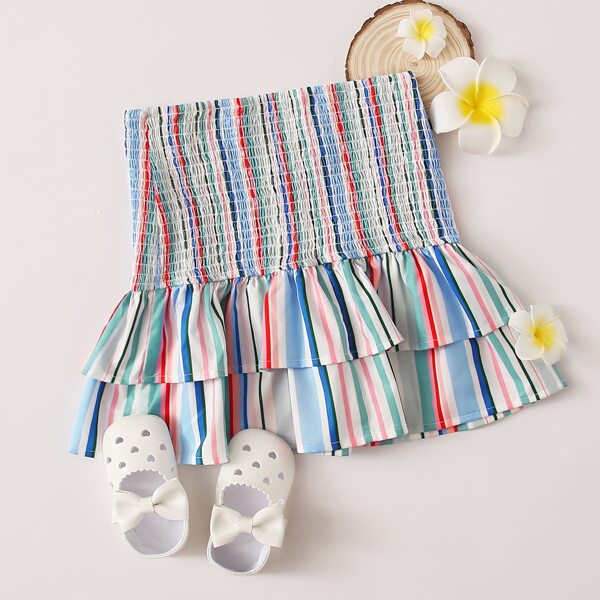 

Girls Shirred Waist Layered Hem Striped Skirt, Multicolor