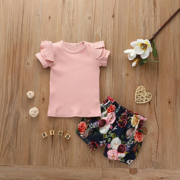 

Toddler Girls Ruffle Trim Ribbed Tee & Floral Print Shorts, Multicolor