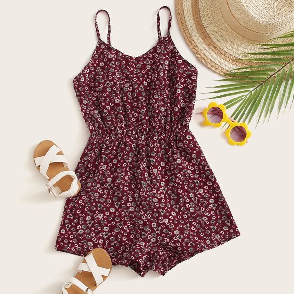 

Girls Ditsy Floral Print Cami Romper, Burgundy