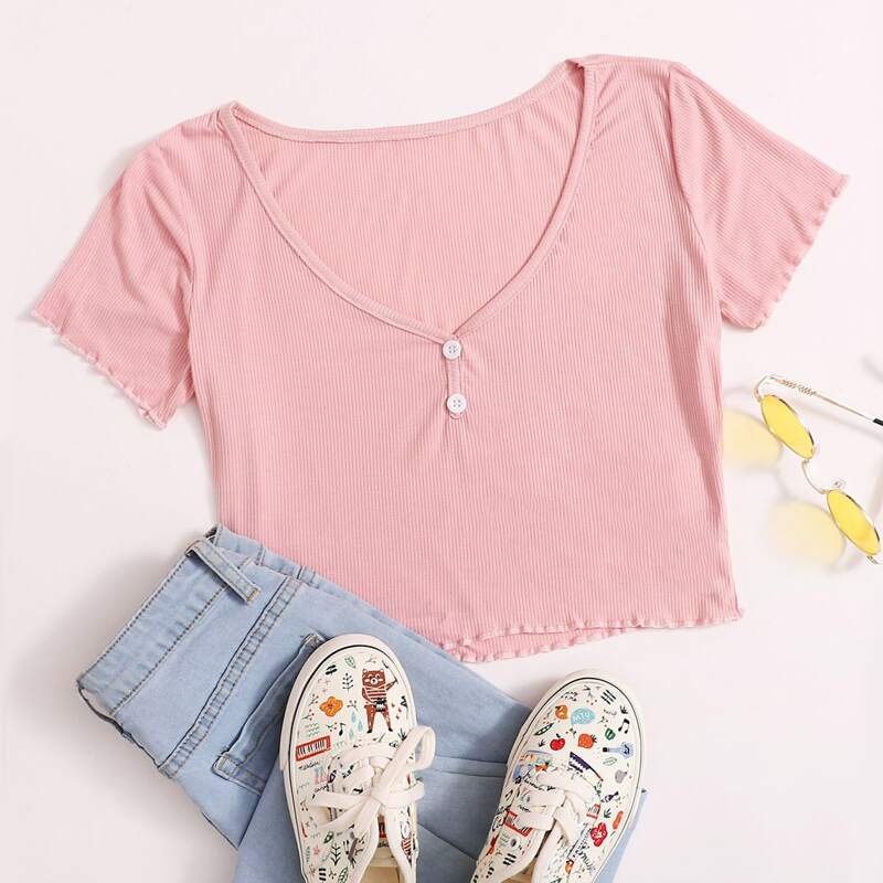 

Lettuce Trim Button Crop Tee, Pink