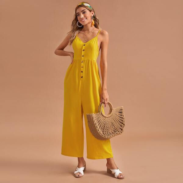 

Solid Button Front Cami Jumpsuit, Yellow