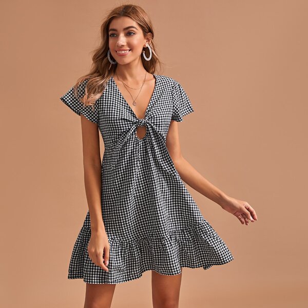 

Knot Front Gingham Peekaboo A-line Dress, Black and white
