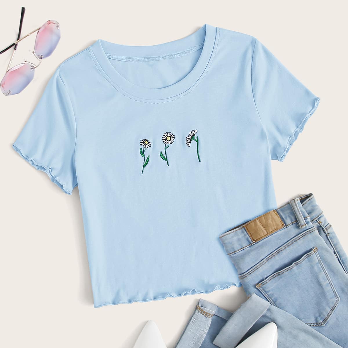 

Floral Embroidery Blue Tee