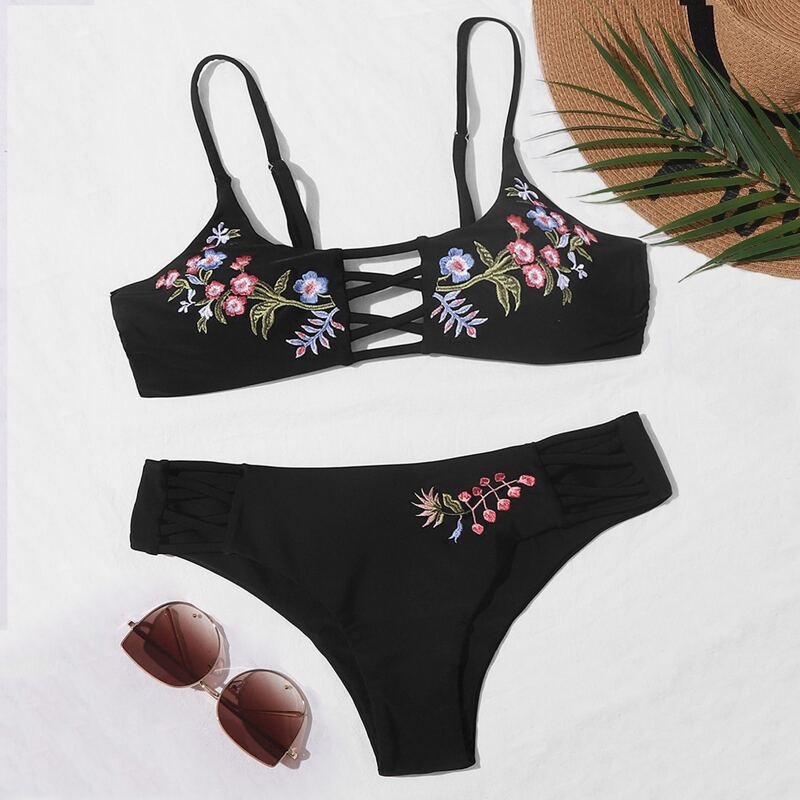 

Floral Embroidered Cut-out Bikini Swimsuit, Black