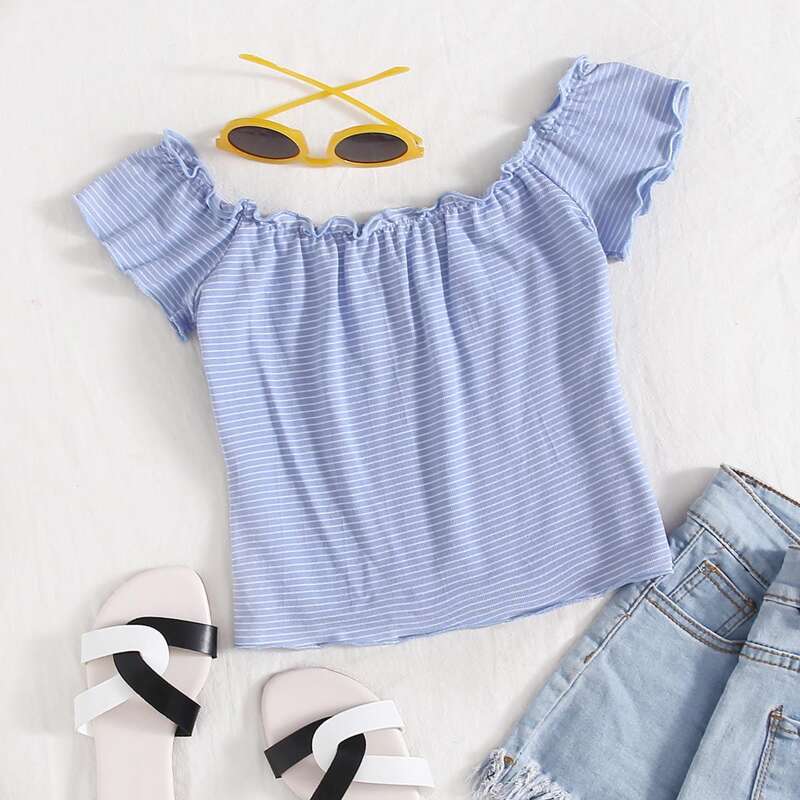 

Striped Lettuce Trim Tee, Blue