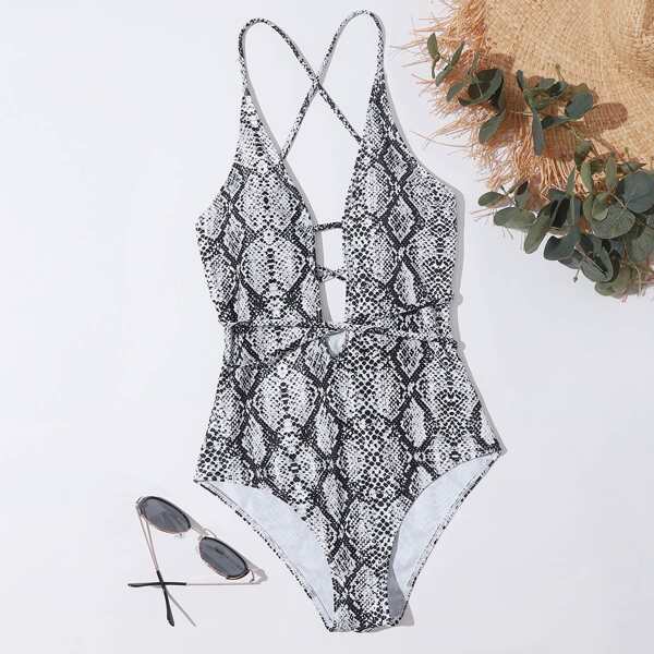 

Snakeskin Crisscross One Piece Swimsuit, Black and white