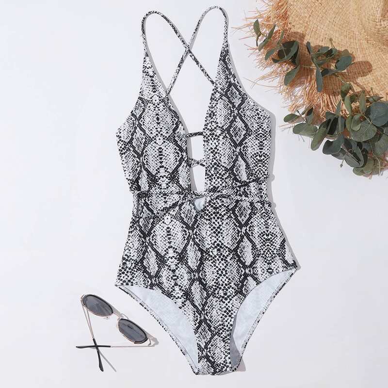 

Snakeskin Crisscross One Piece Swimsuit, Black and white