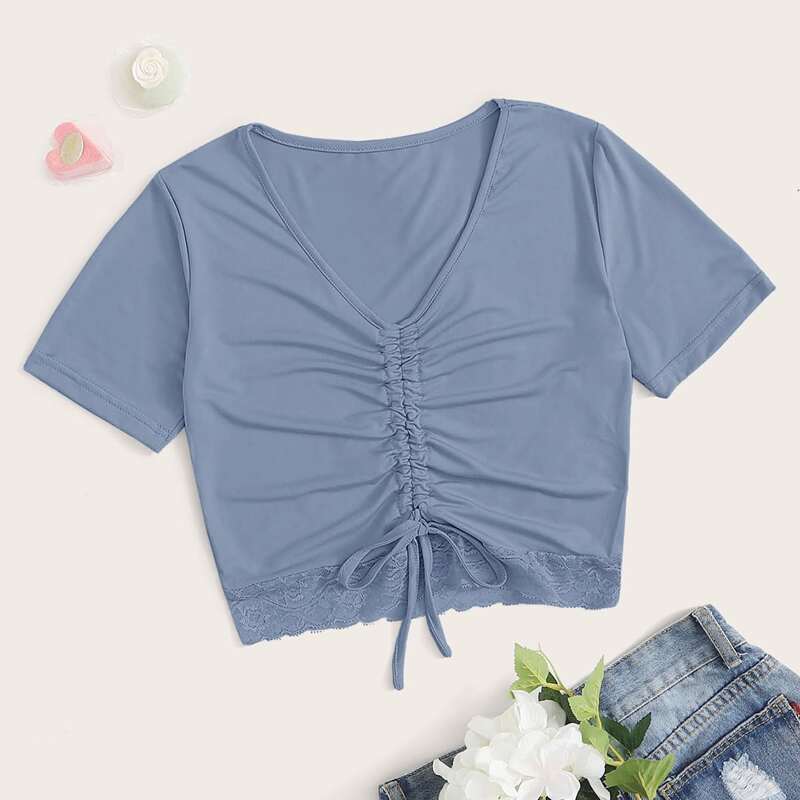 

Drawstring Lace Hem Blue Tee