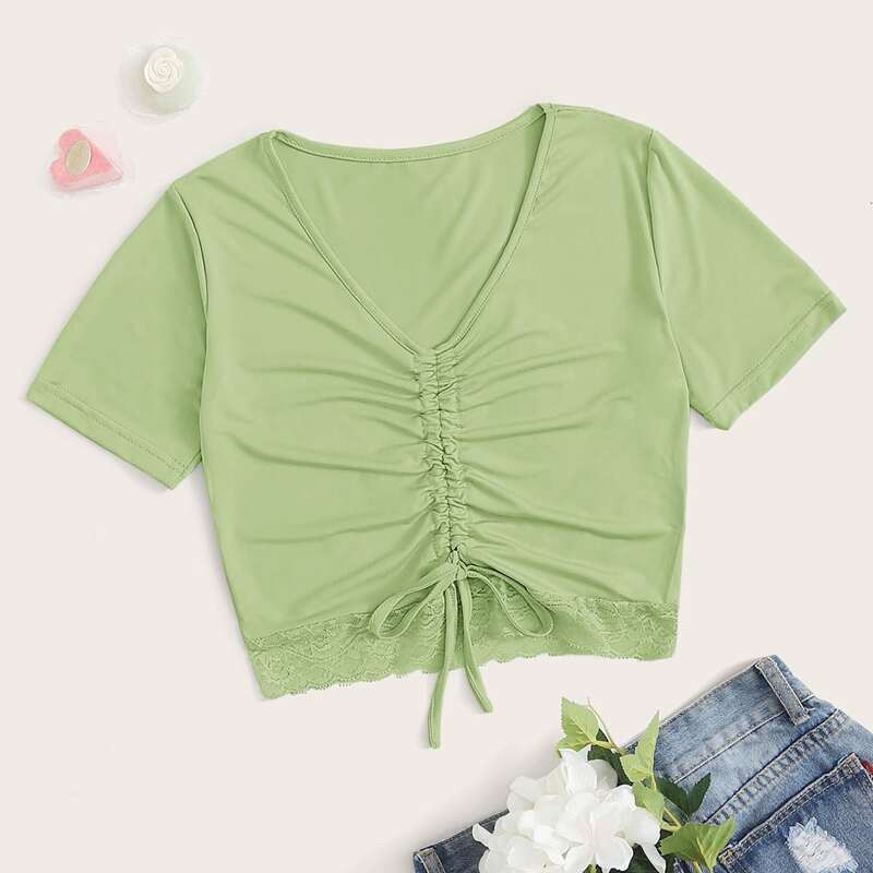 

Drawstring Lace Hem Green Tee
