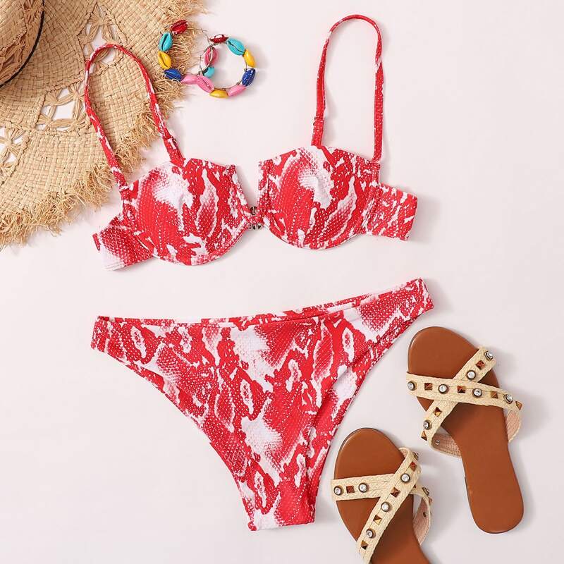 

Snakeskin V Wired Underwire Bikini Swimsuit, Red