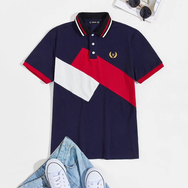 

Guys Graphic Print Colorblock Striped Collar Polo Shirt, Navy blue