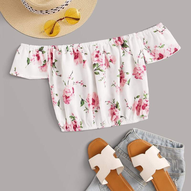 

Off Shoulder Floral Crop Blouse, White