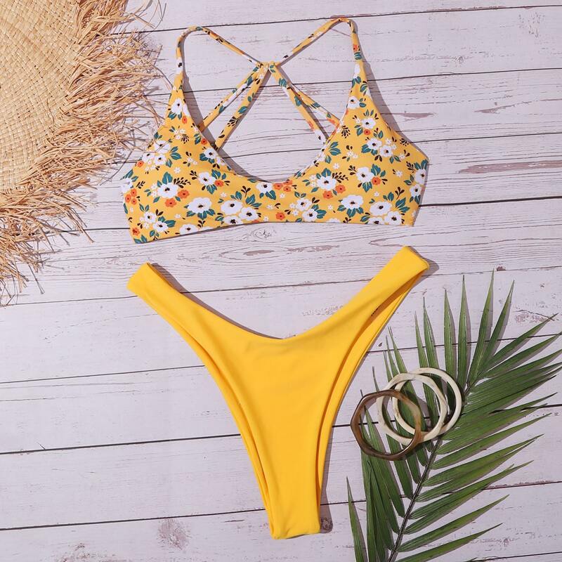 

Floral Strappy Back High Leg Bikini Swimsuit, Yellow