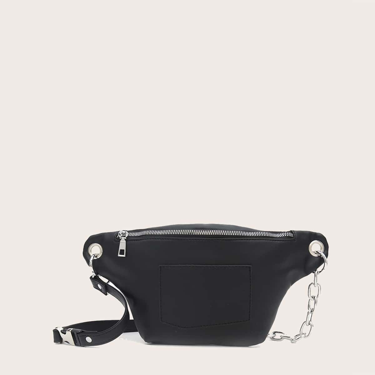 

Pocket Front Chain Fanny Pack, Black