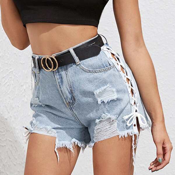 

Lace Up Ripped Raw Hem Denim Shorts Without Belted, Blue pastel